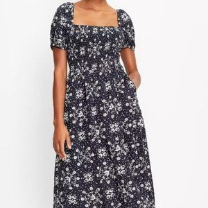 LOFT Midi Dress with Smocked Top & Puff Sleeves